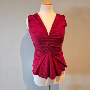 Suzy Shier Women’s Shimmer Ruched V-Neck Top | Size Medium | Red